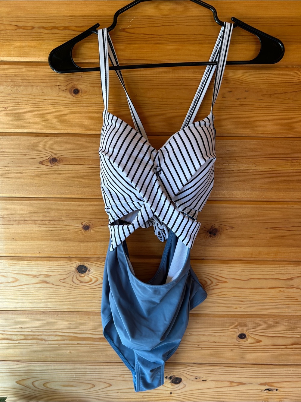 Striped White & Black Wrap-Front One-Piece Swimsuit with Blue Bottom